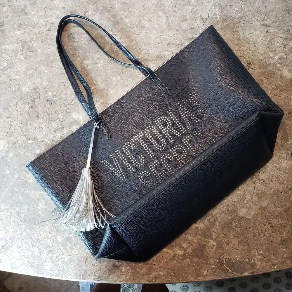 Victoria’s Secret Black Faux Leather Tote Bag Logo Double Handle Silver Tassel !